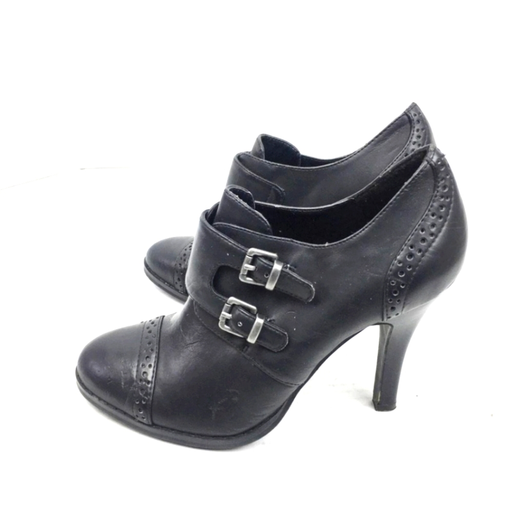 Black Buckle Ankle Heel Bootie Shoes SZ 6.5 - Picture 1 of 10